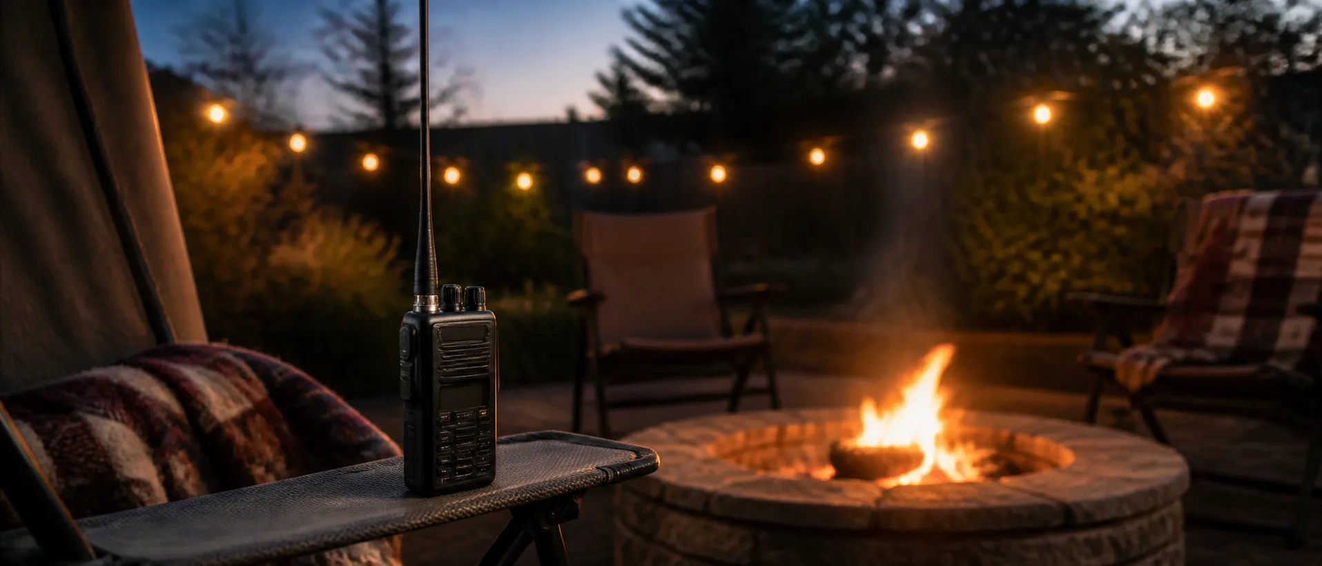 A handheld ham radio with a long whip antenna standing on a camp chair beside a lit backyard fire pit at dusk
