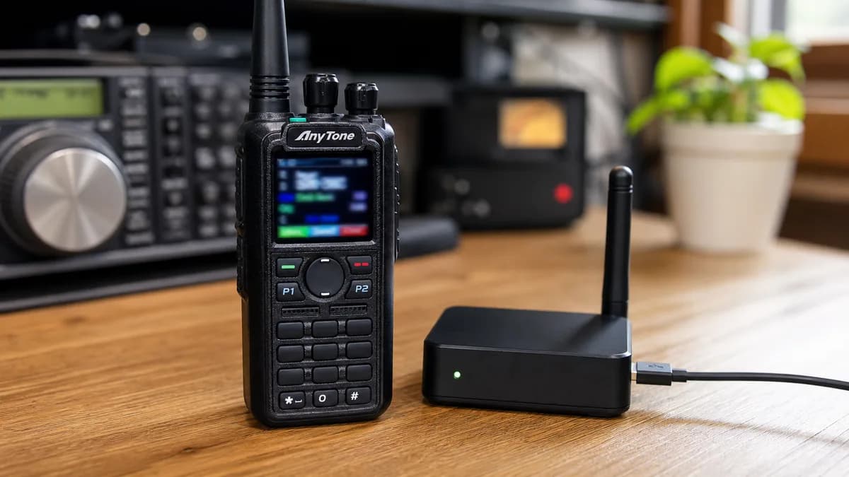 AnyTone AT-D878UV on a desk next to a DMR hotspot device and programming cable