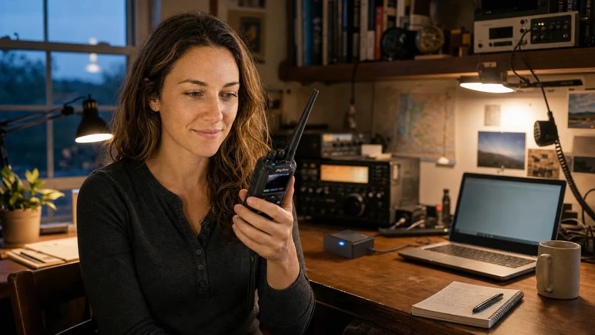 Jess Harmon at a desk in her radio shack with the AnyTone AT-D878UV in her hand