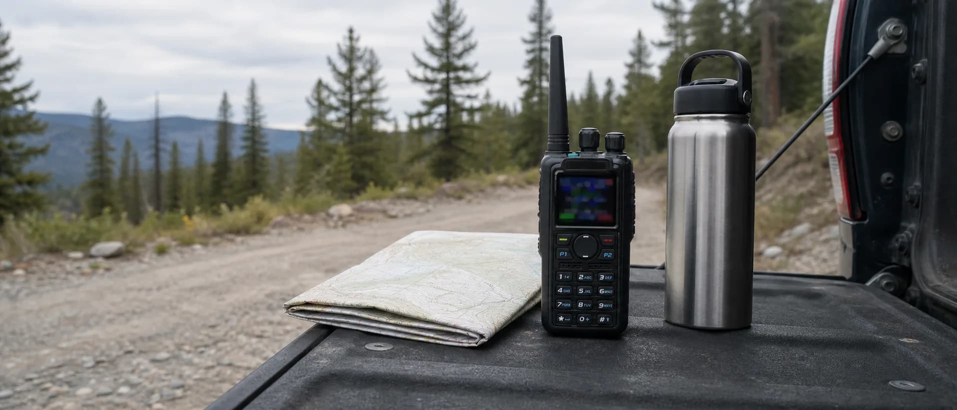 An AnyTone AT-D878UV on a vehicle tailgate at a forest-service-road pull-off, paper map and stainless water bottle alongside, pines on either side
