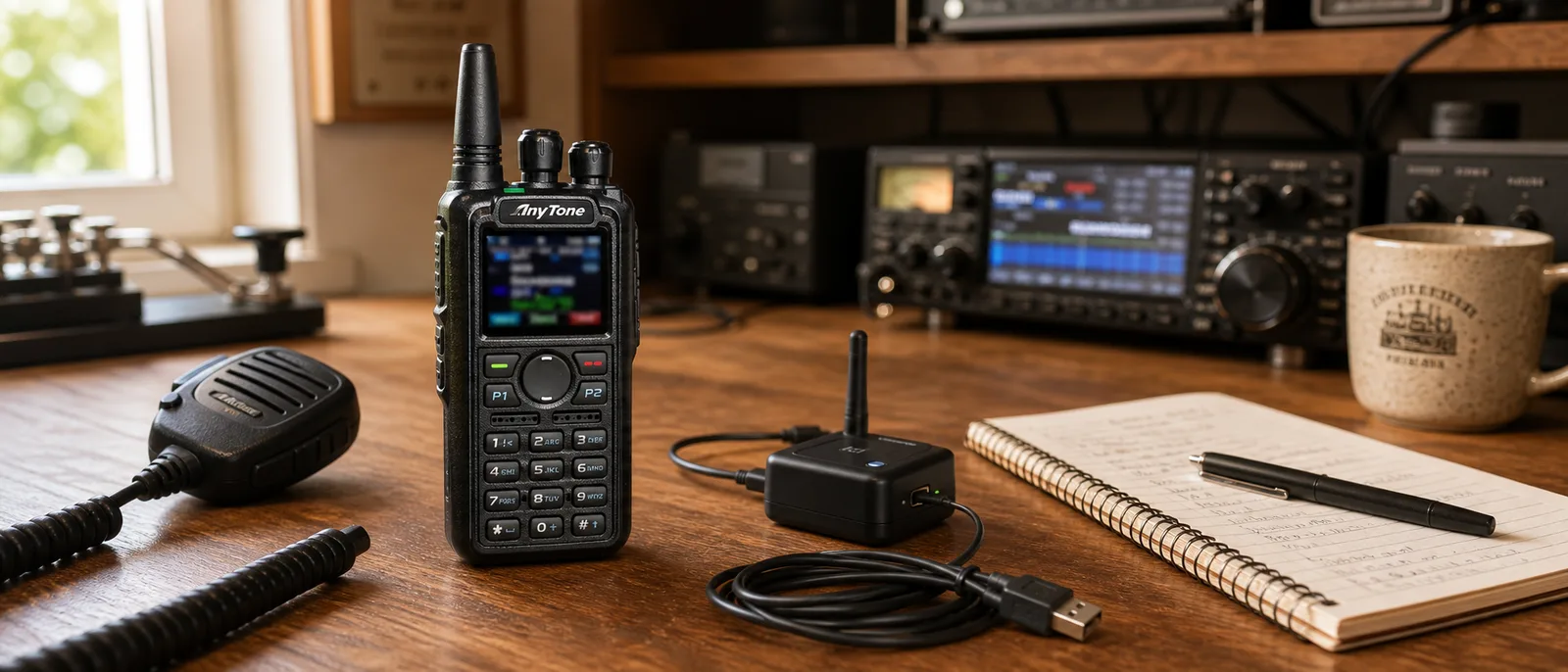 AnyTone AT-D878UV DMR handheld ham radio on a wooden desk with a hotspot and programming cable