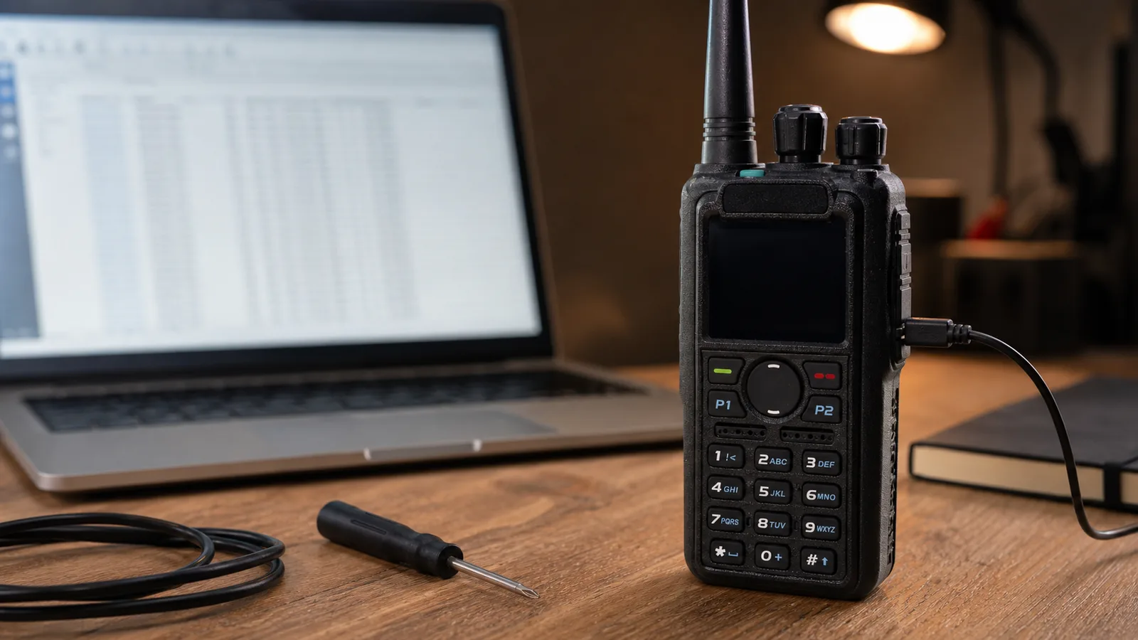 A DMR handheld radio on a workbench beside a laptop and programming cable, display facing away