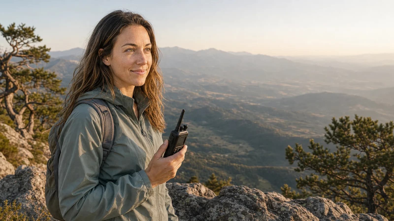 A ham operator standing at a rocky overlook holding a handheld radio, valley haze in the distance