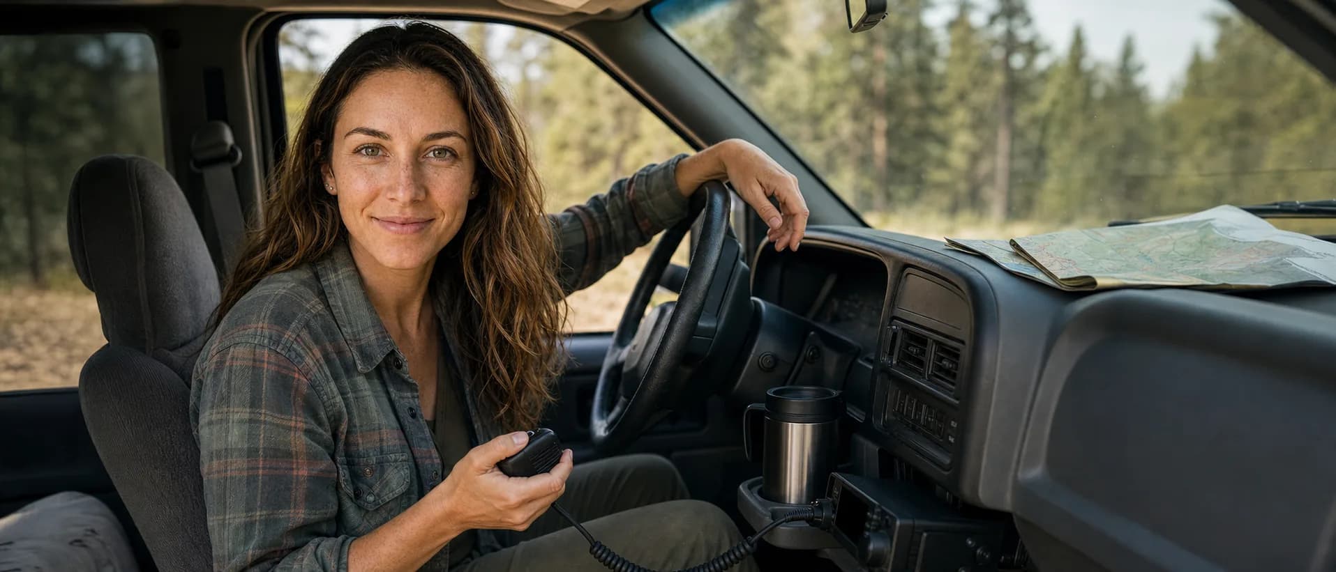 A ham operator pausing in the cab of a parked pickup, mobile radio mounted below the dash, pine trees through the windshield