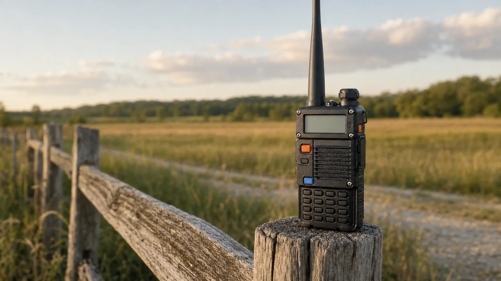 Baofeng BF-F8HP handheld radio standing on a weathered fence post in warm afternoon light, antenna against an out-of-focus field