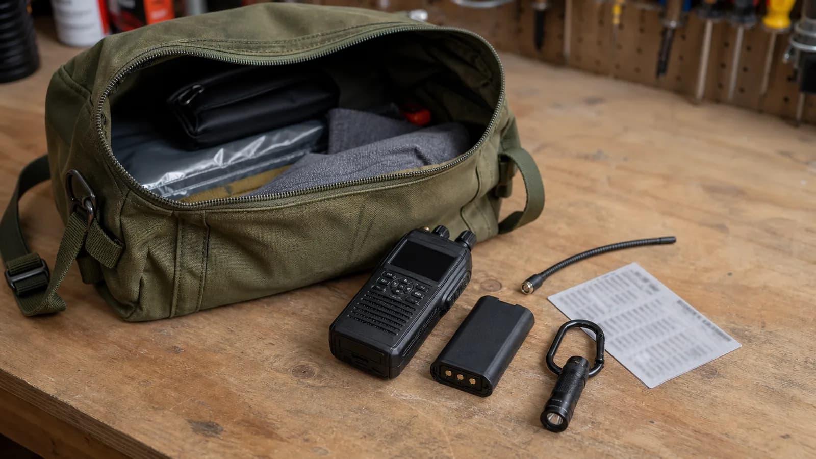 Emergency go-bag open on a garage workbench with a handheld radio, spare battery, folded antenna, and a printed frequency card laid out beside it