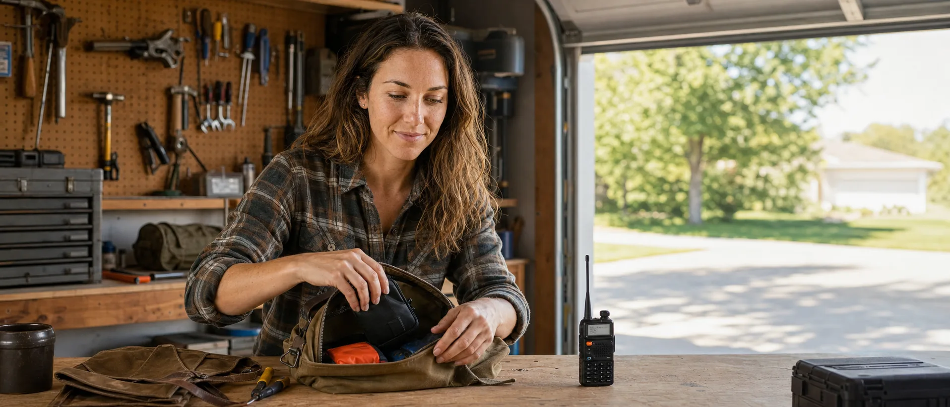 Jess Harmon packing an emergency radio kit at a garage workbench, a Baofeng BF-F8HP standing on the bench and the open garage door behind her