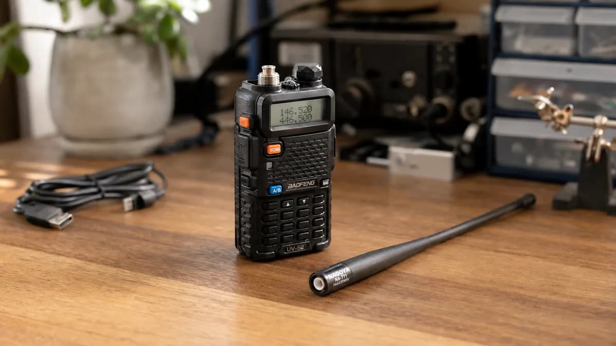A Baofeng UV-5R standing on a wooden desk next to a longer aftermarket whip antenna
