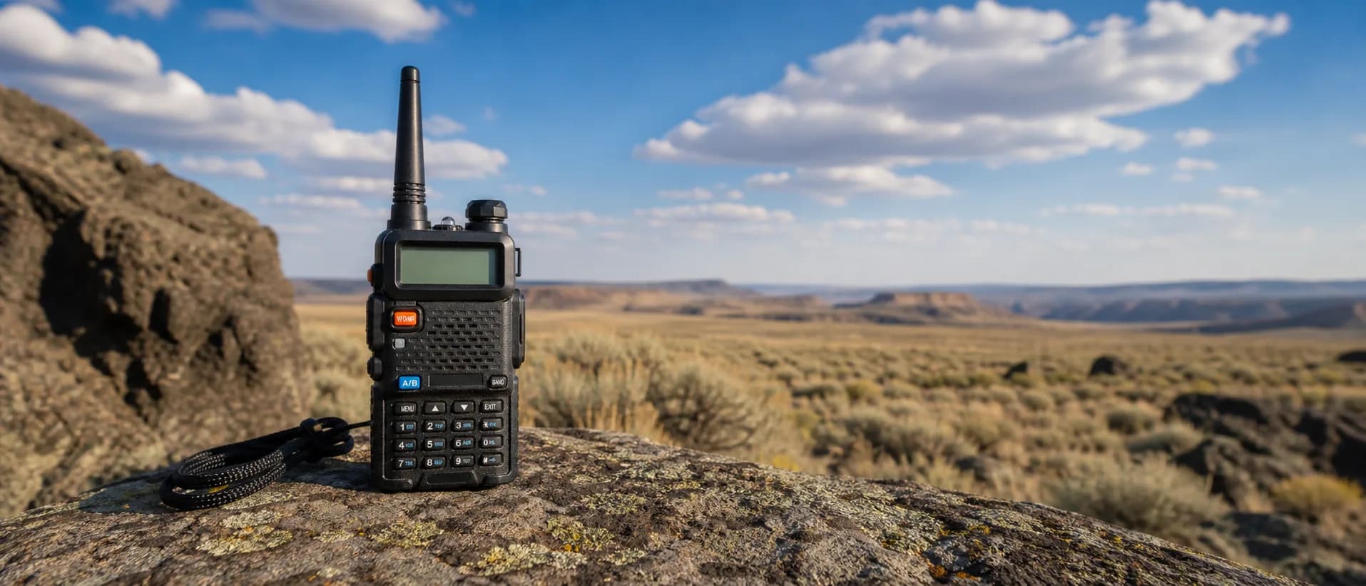 A Baofeng UV-5R standing on a flat weathered rock in a high-desert sage flat, big sky and distant mesas behind