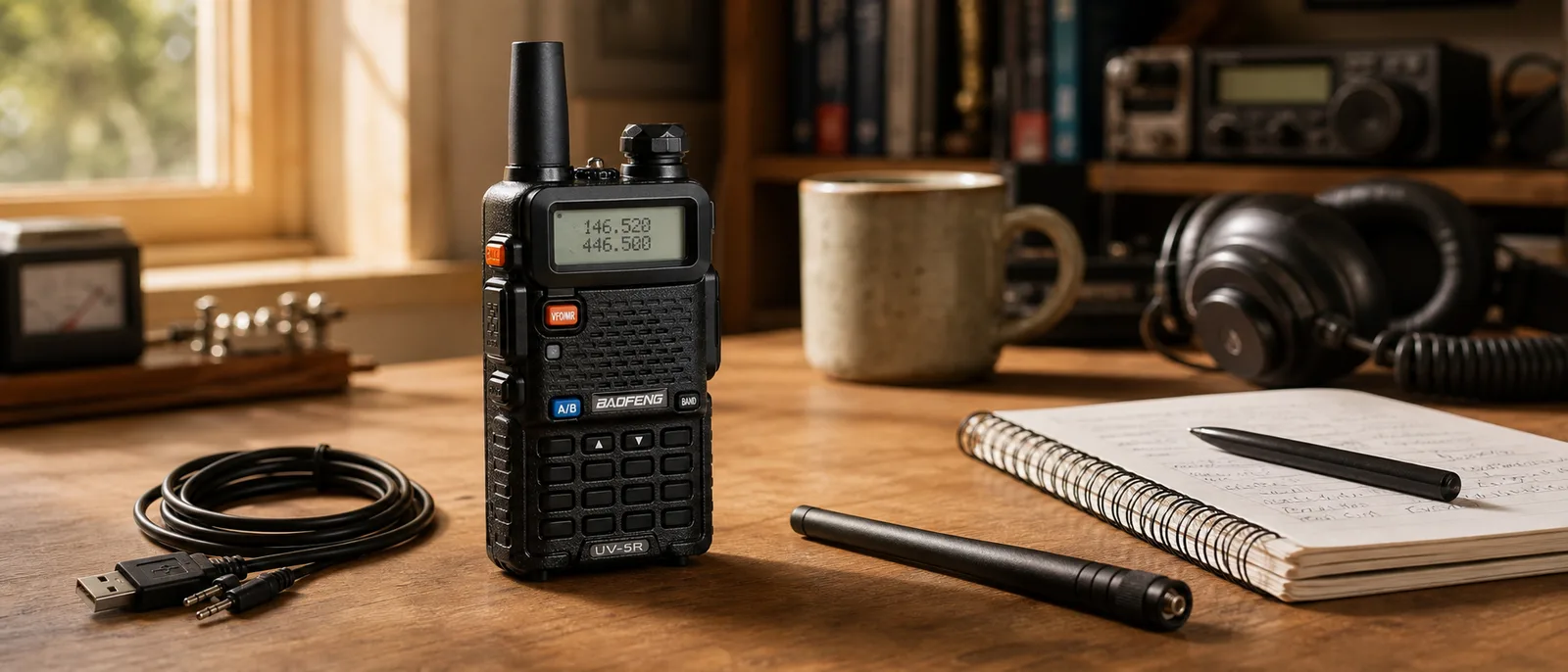 Baofeng UV-5R handheld ham radio with stock antenna and programming cable on a wooden desk