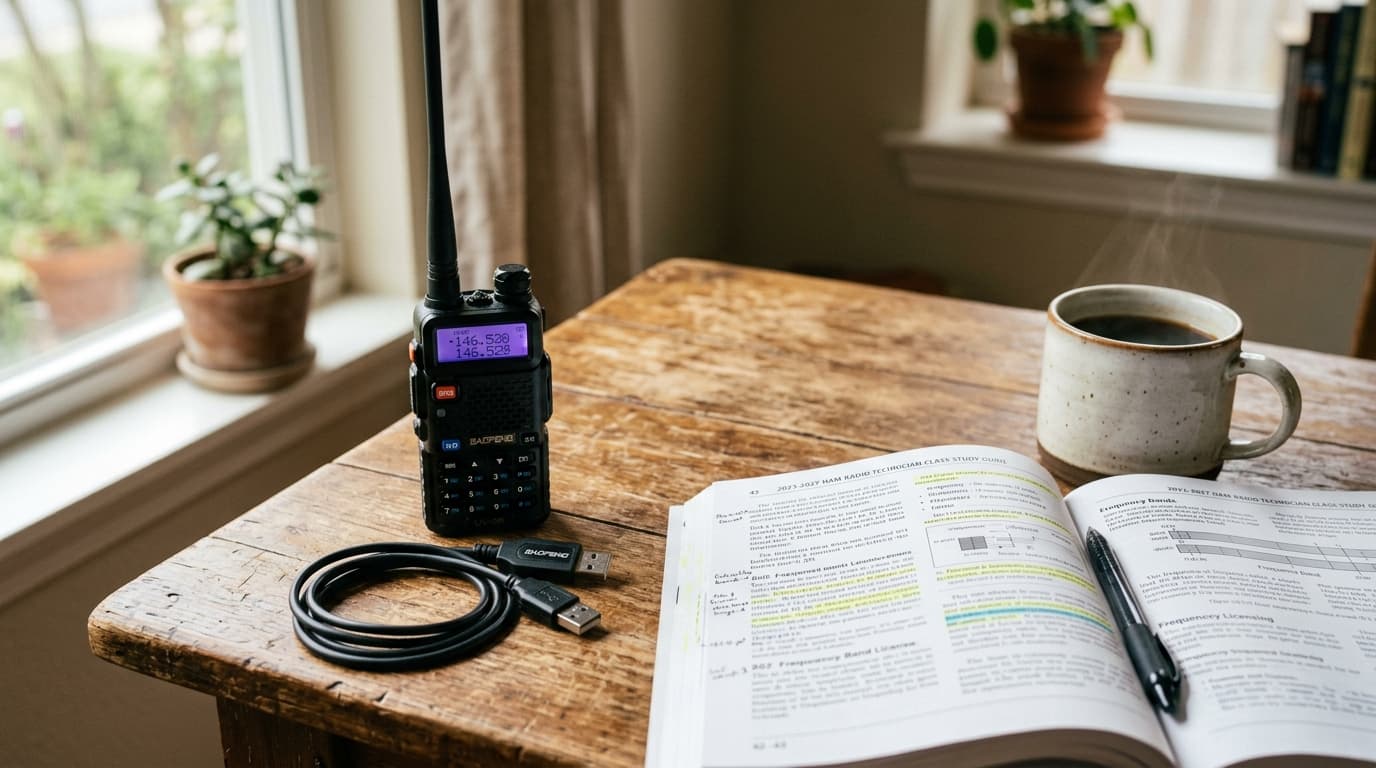 Baofeng UV-5R on a desk next to a programming cable and ham radio study materials