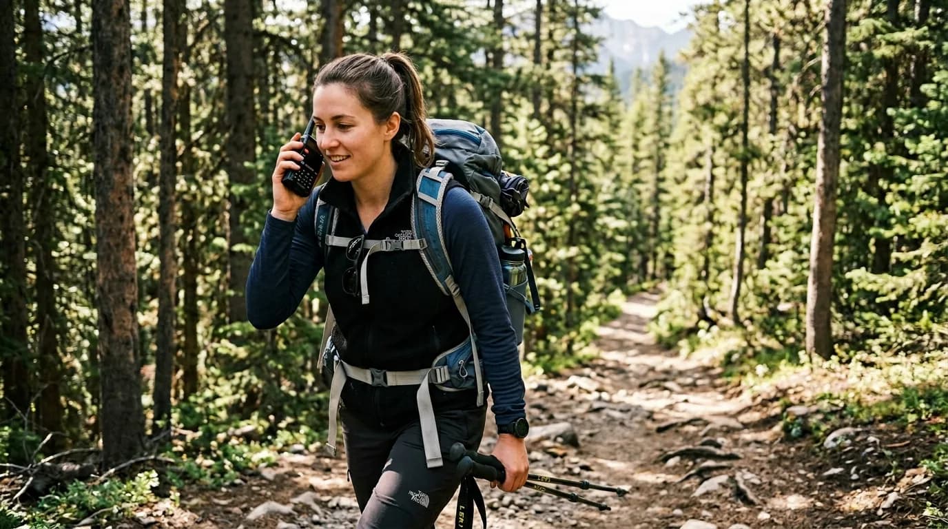 Person holding a Baofeng radio while hiking on a mountain trail
