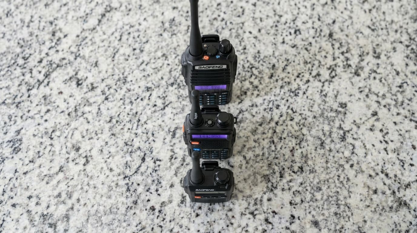 Three Baofeng radios side by side showing size differences