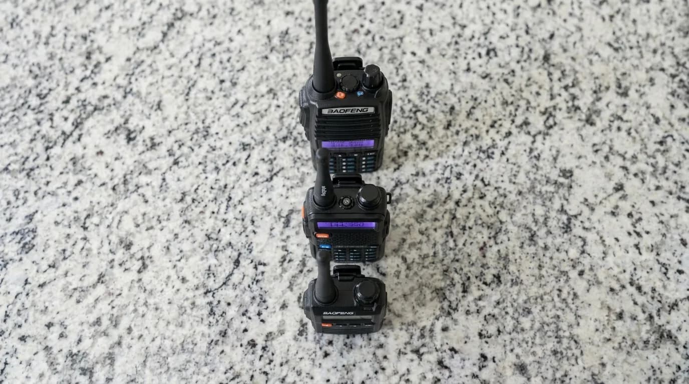 Three Baofeng radios side by side showing size differences