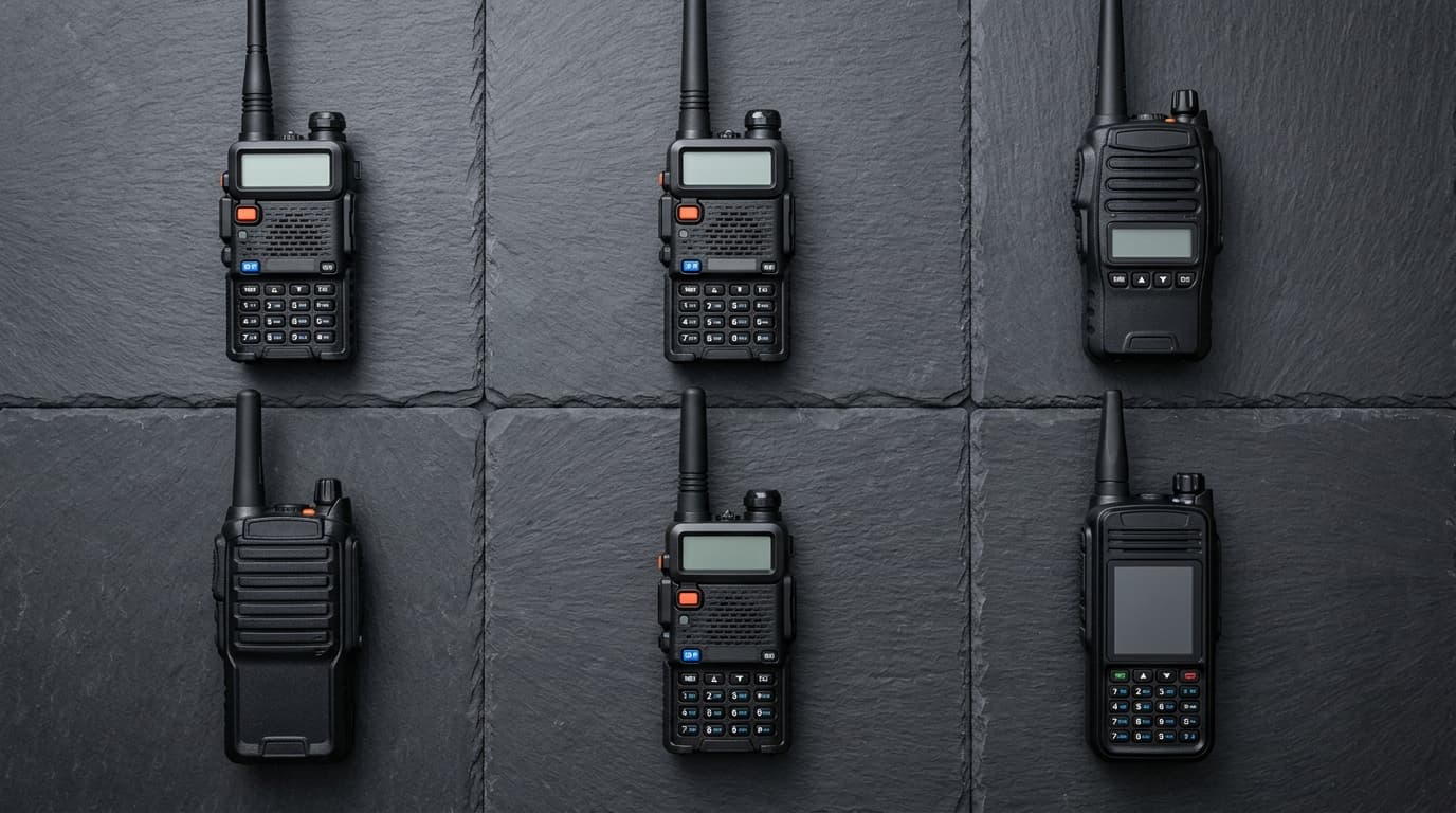 Several Baofeng handheld radios lined up on a workbench, from classic UV-5R to modern BF-5RH PRO