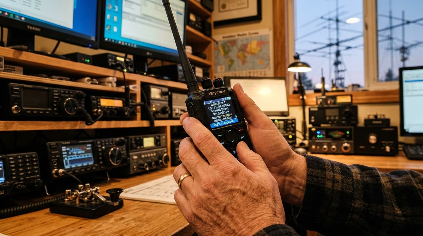 Ham radio operator holding a DMR handheld showing talkgroup information on a color display