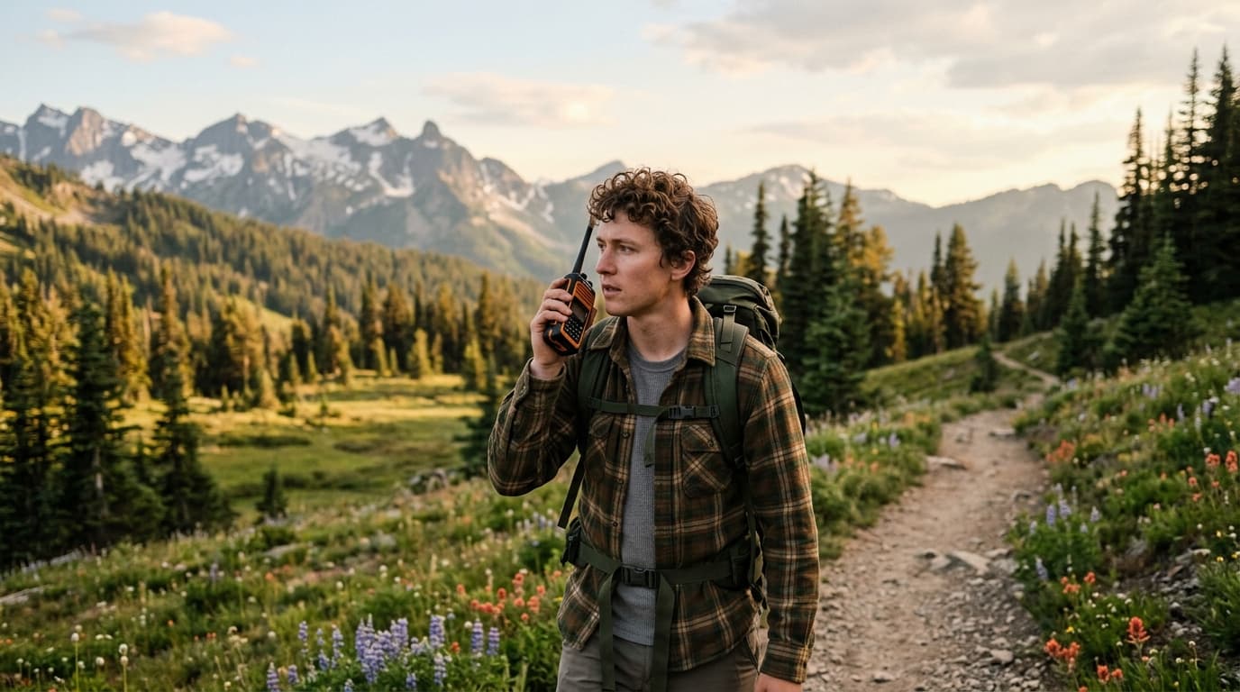 Hiker using a rugged DMR handheld radio on a mountain trail