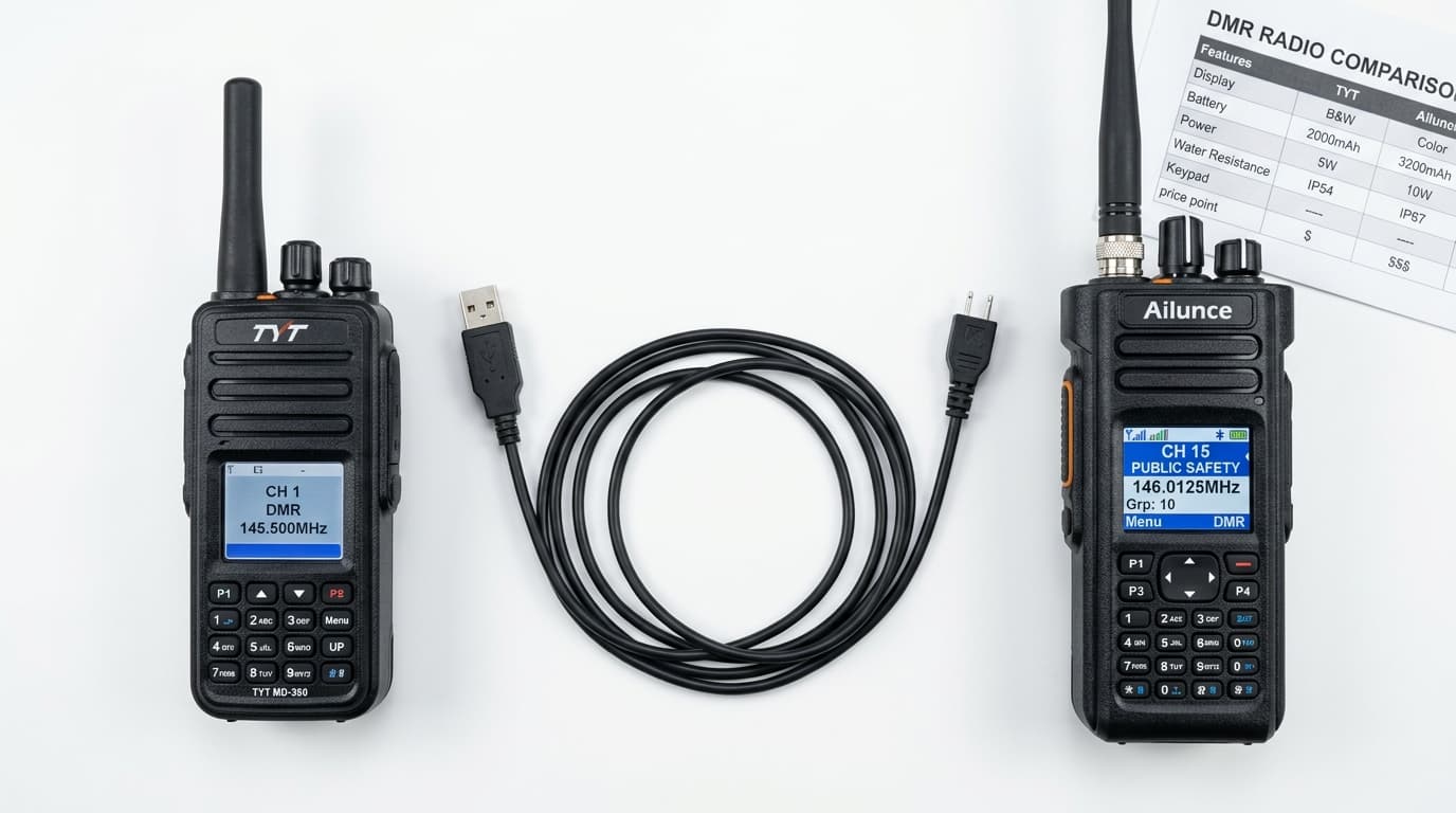 Two DMR radios side by side on a white surface with a programming cable between them