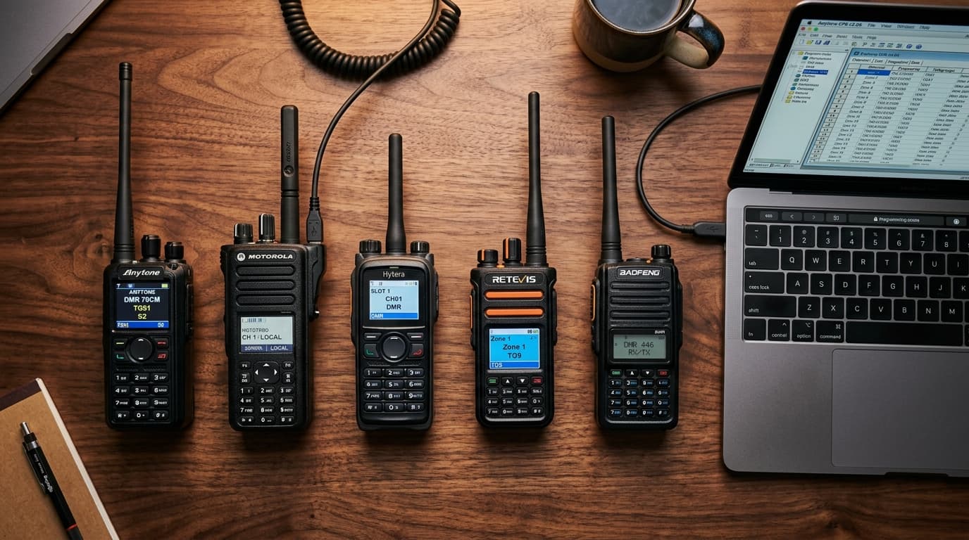 Collection of DMR handheld radios arranged on a table with a laptop showing codeplug software