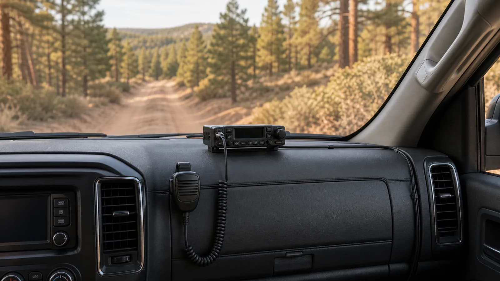GMRS mobile radio control head mounted on a pickup dashboard with a coiled mic cable, trail visible through the windshield