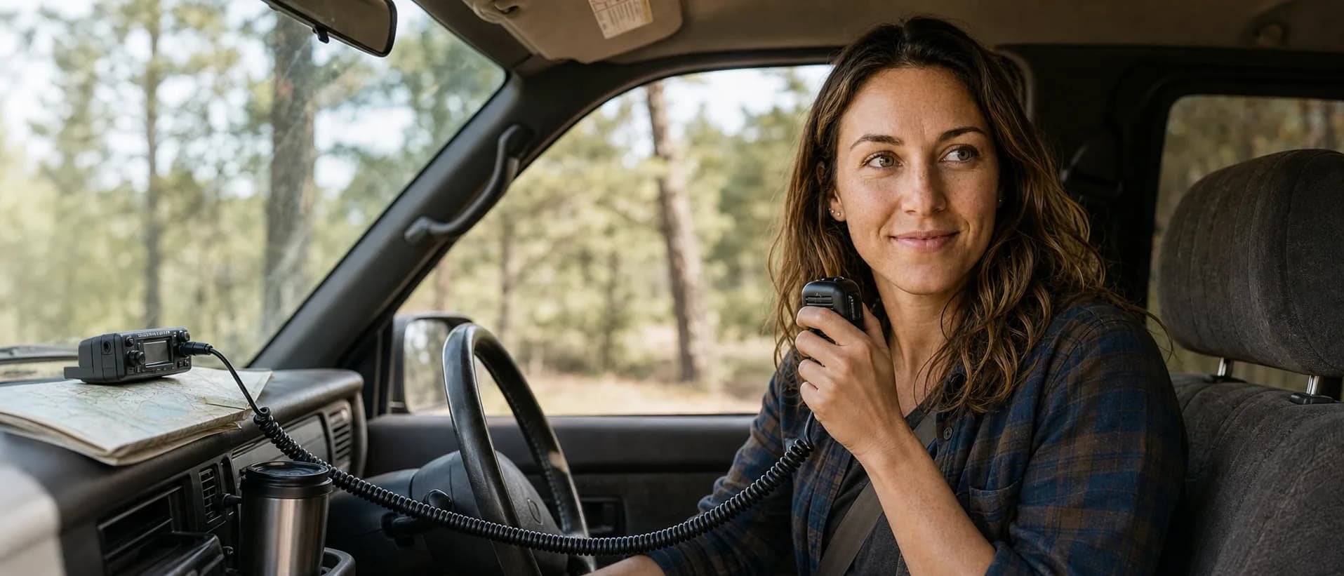 Jess Harmon at the wheel of a parked pickup with the window down, GMRS mobile radio mic in hand, pine trees blurred through the windshield
