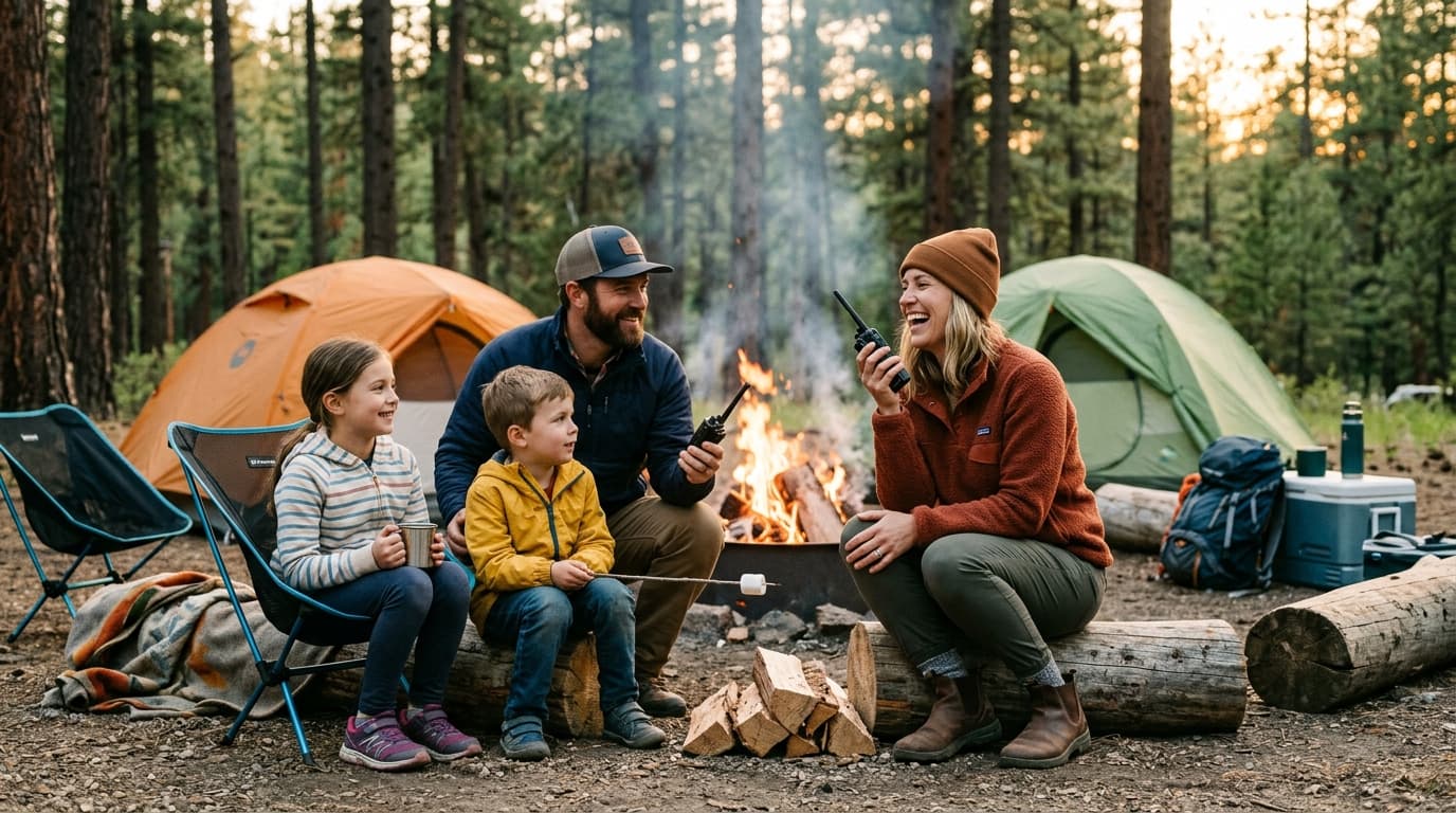 Family at a campsite with handheld radios