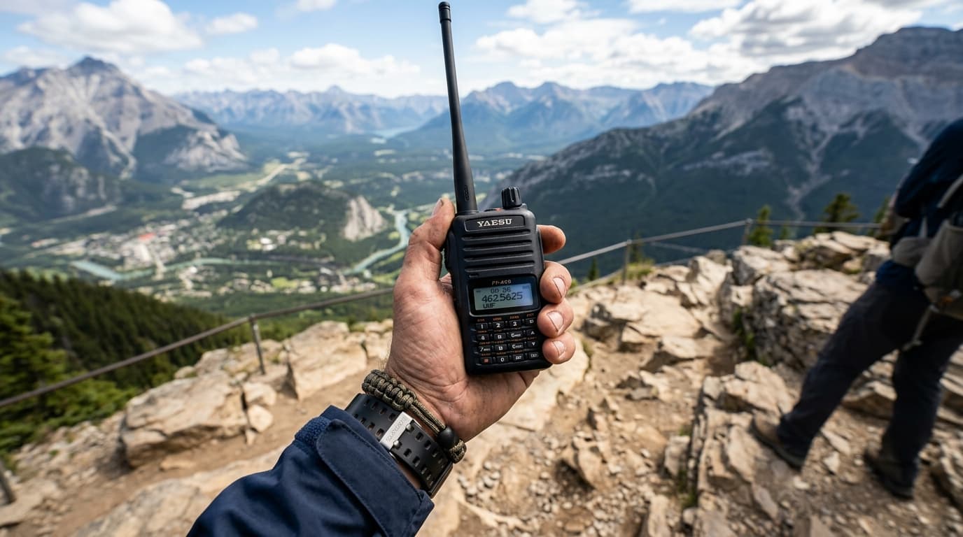 Person holding a handheld radio on a rocky trail overlook