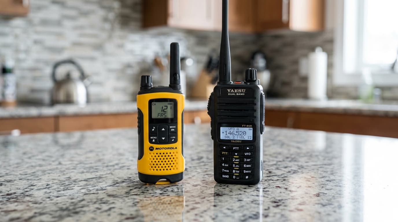 Two radios side by side, a consumer GMRS radio and an amateur handheld