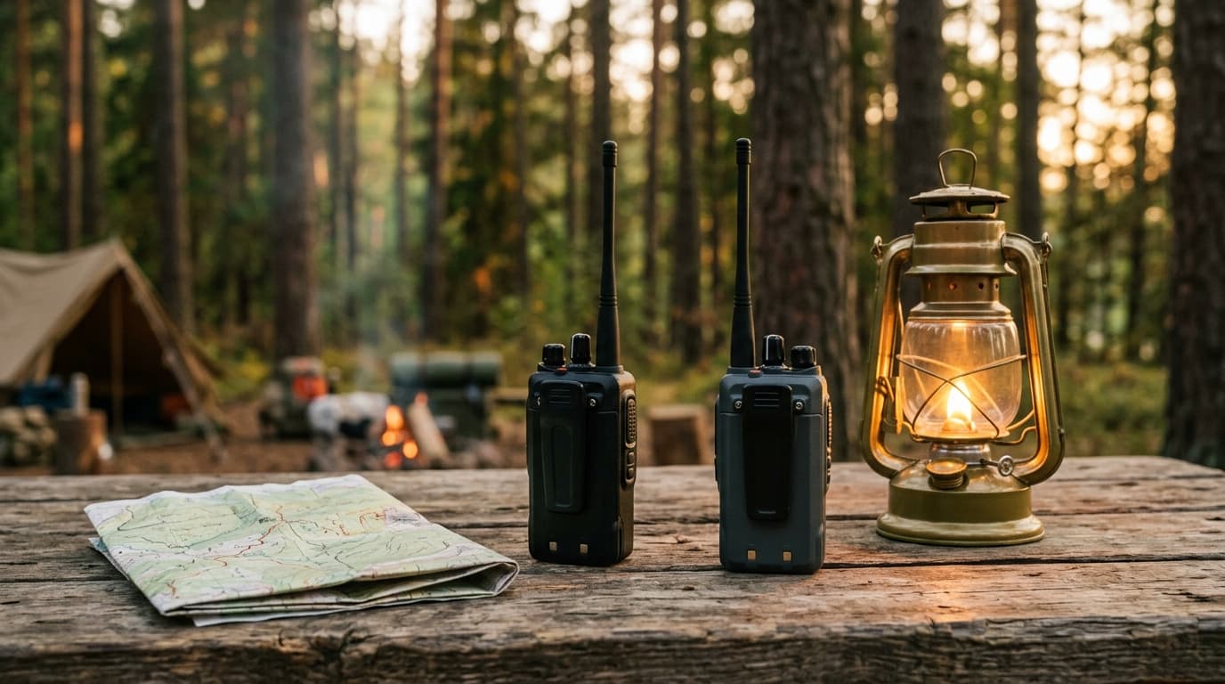 Two GMRS handheld radios on a camping table next to a lantern and trail map