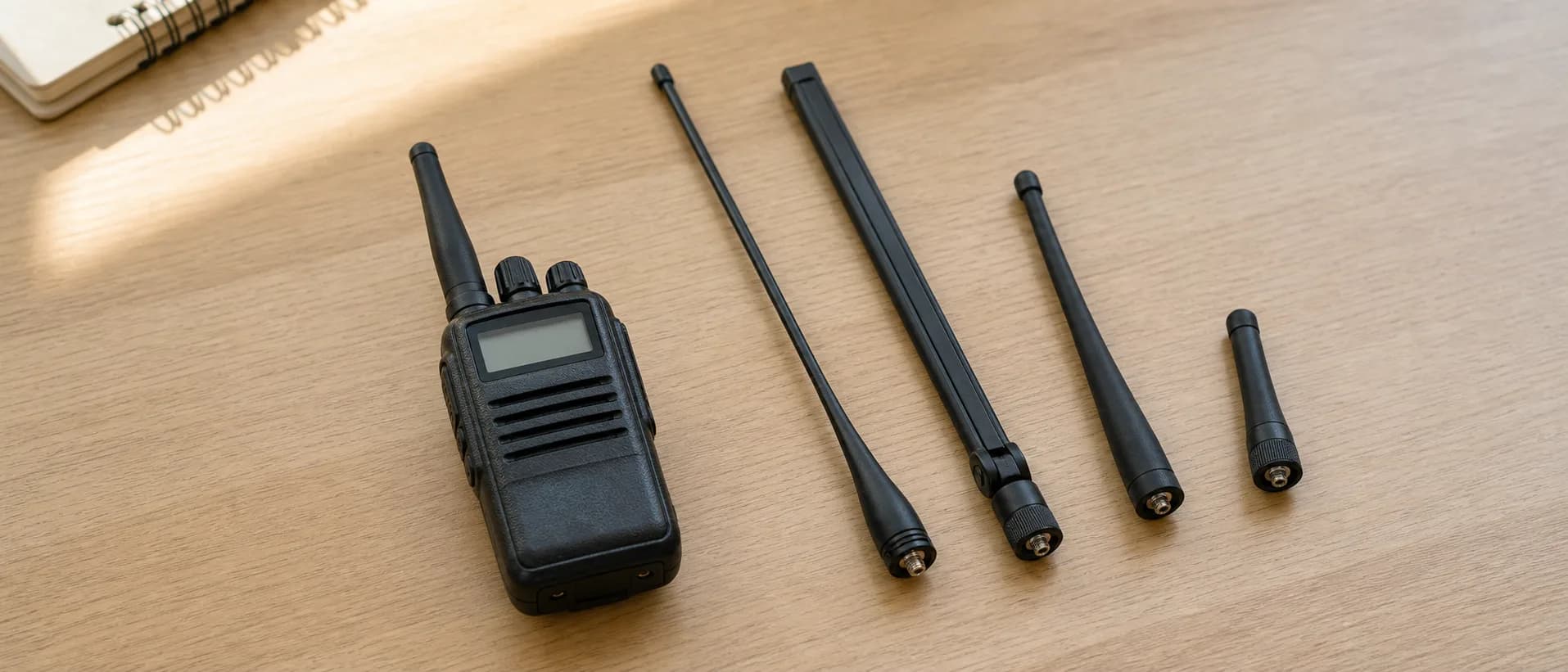 Several aftermarket handheld ham radio antennas laid out next to a handheld radio