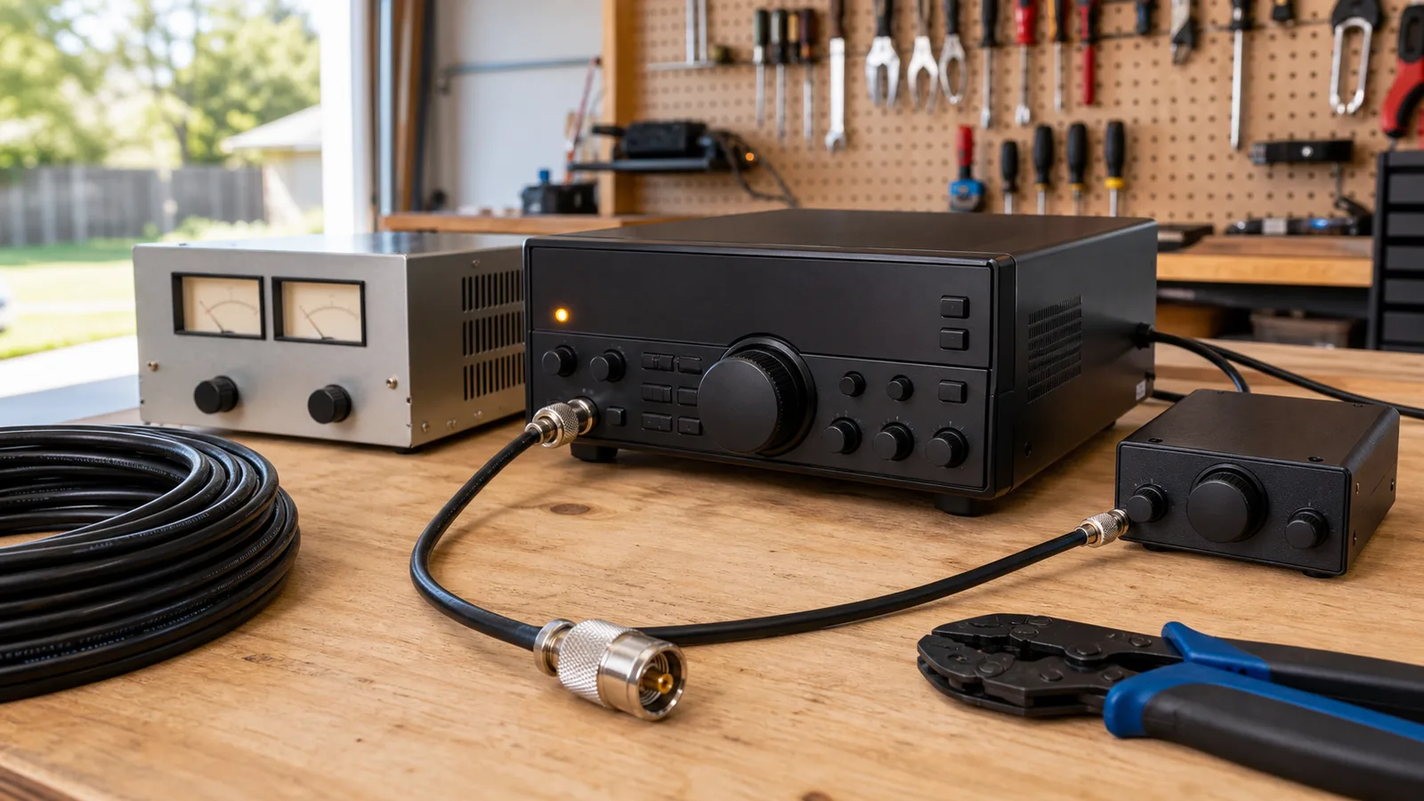 HF transceiver, power supply, and antenna tuner connected on a workbench during a base station install