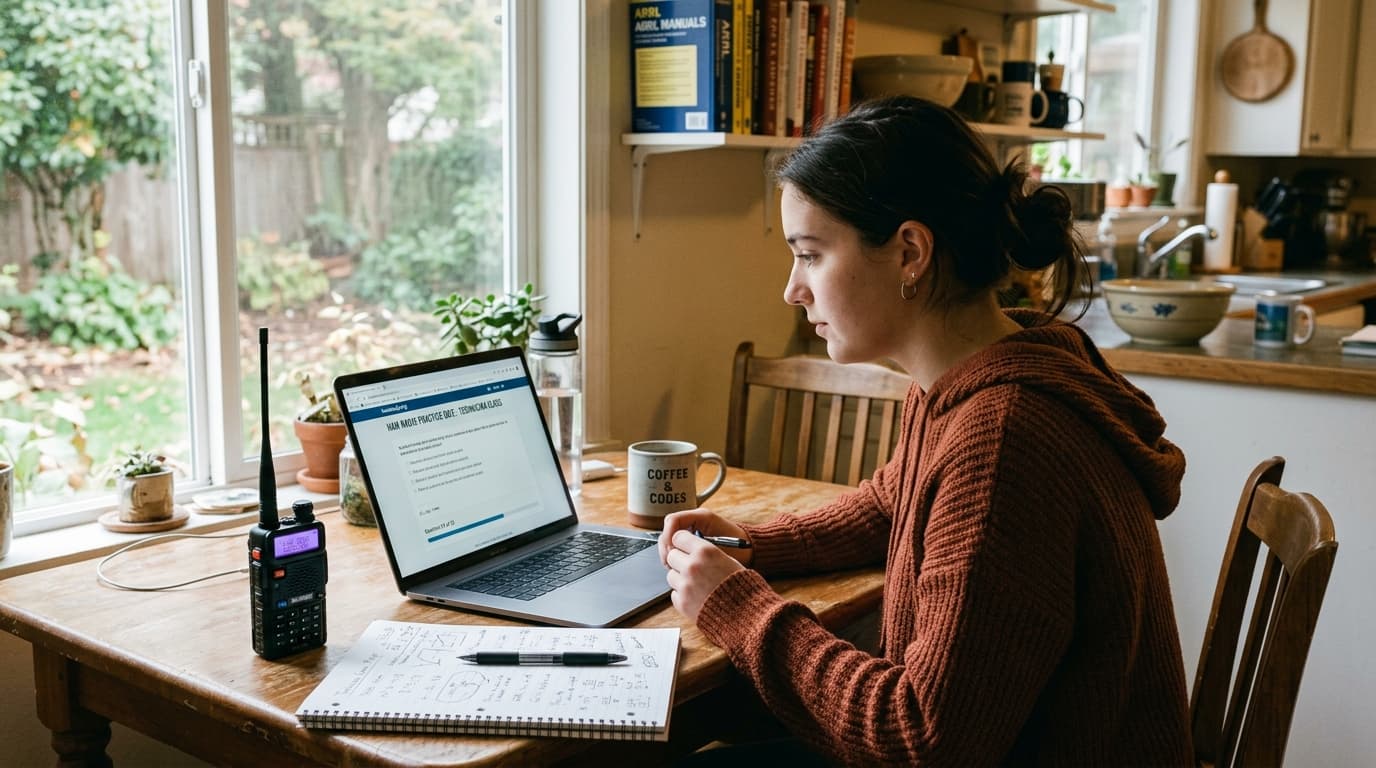 Person studying for a ham radio exam at a kitchen table with a laptop and handheld radio