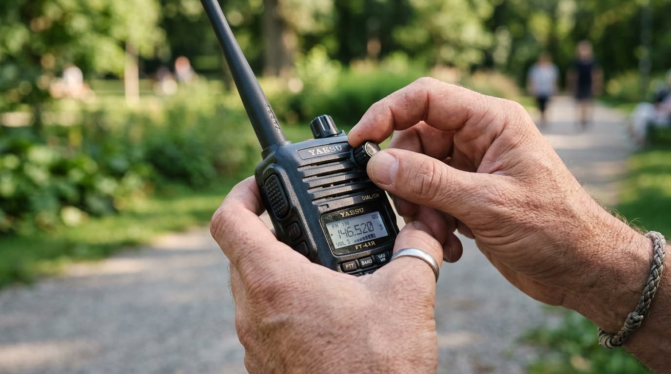 Hands holding a handheld radio and adjusting the channel knob outdoors