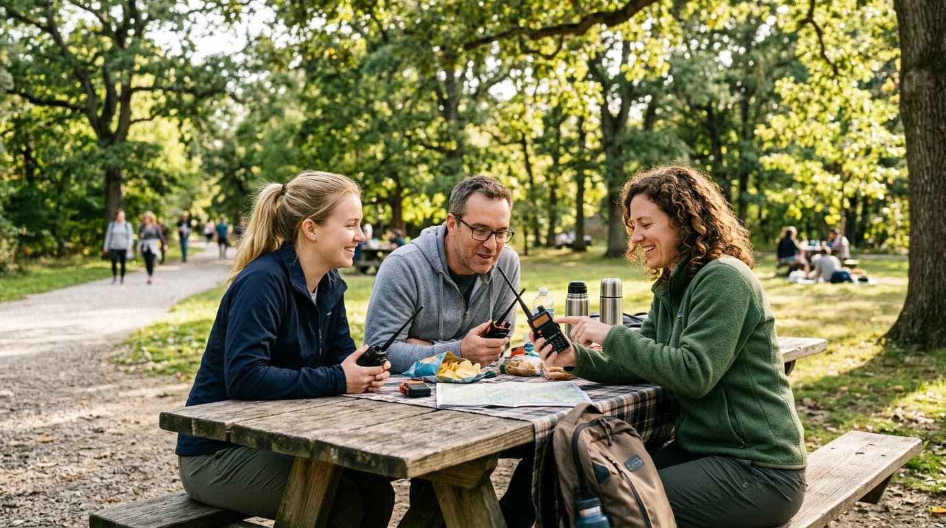 Group of people at a picnic table showing each other how to program handheld radios
