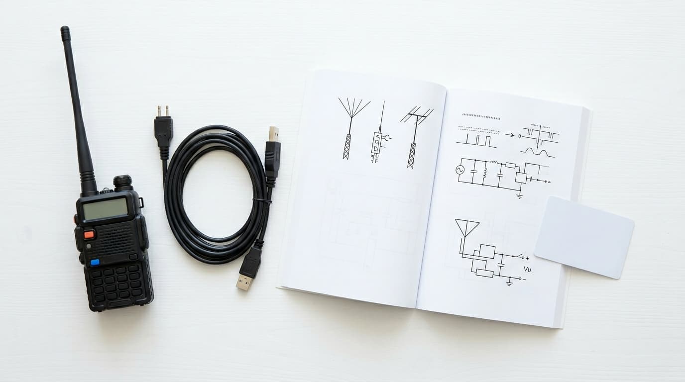 A new ham radio operator unboxing a handheld radio at a desk with a license study guide and laptop