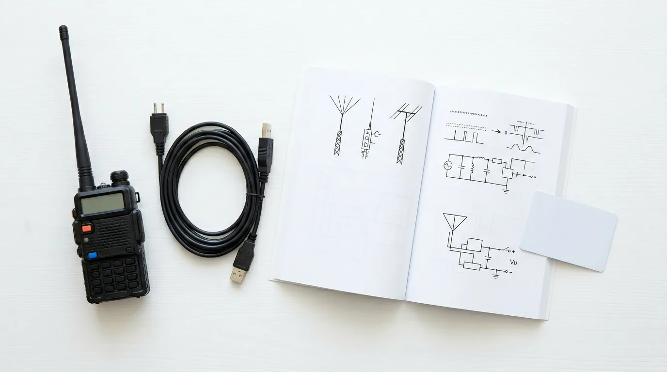 A new ham radio operator unboxing a handheld radio at a desk with a license study guide and laptop