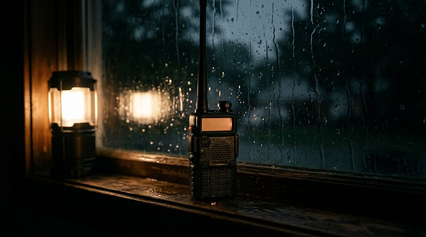 Handheld ham radio on a windowsill during a power outage with rain on the window