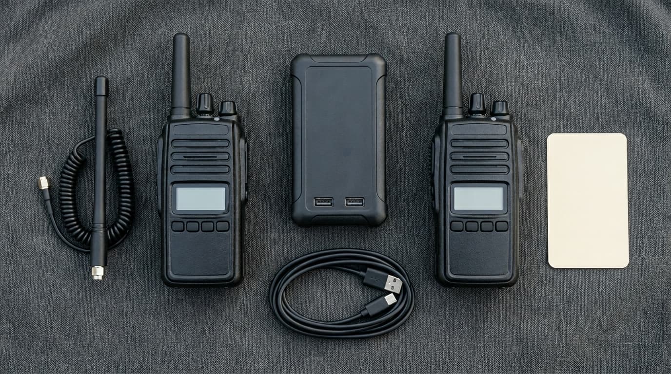 Flat lay of emergency radio gear including two handhelds, a power bank, antenna, and frequency card