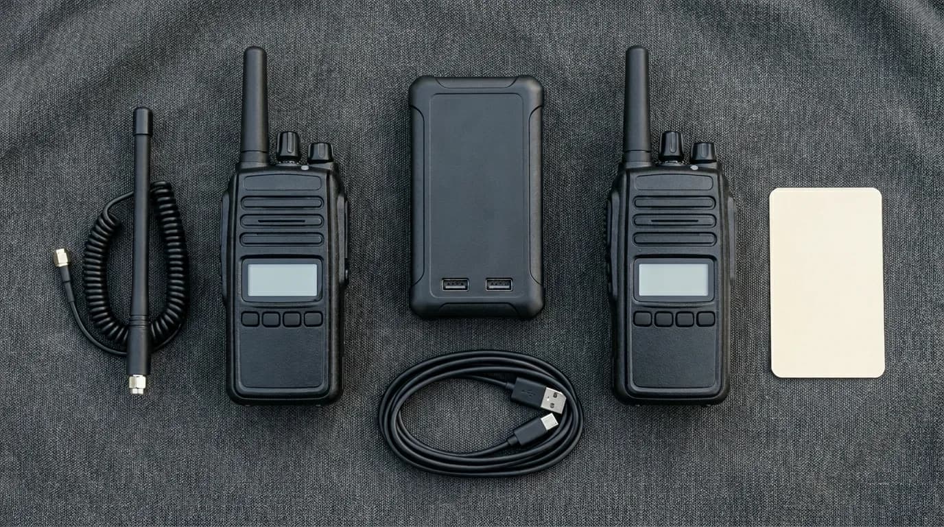 Flat lay of emergency radio gear including two handhelds, a power bank, antenna, and frequency card