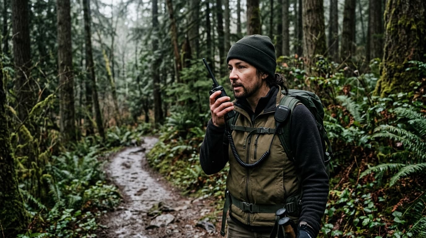 Person holding a handheld radio on a forest trail, pressing the PTT button