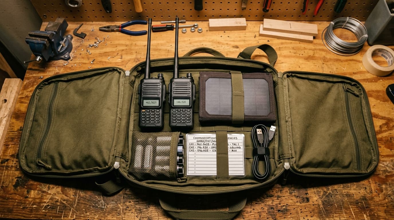 Emergency go-bag with handheld ham radios, batteries, and a printed frequency list on a workbench