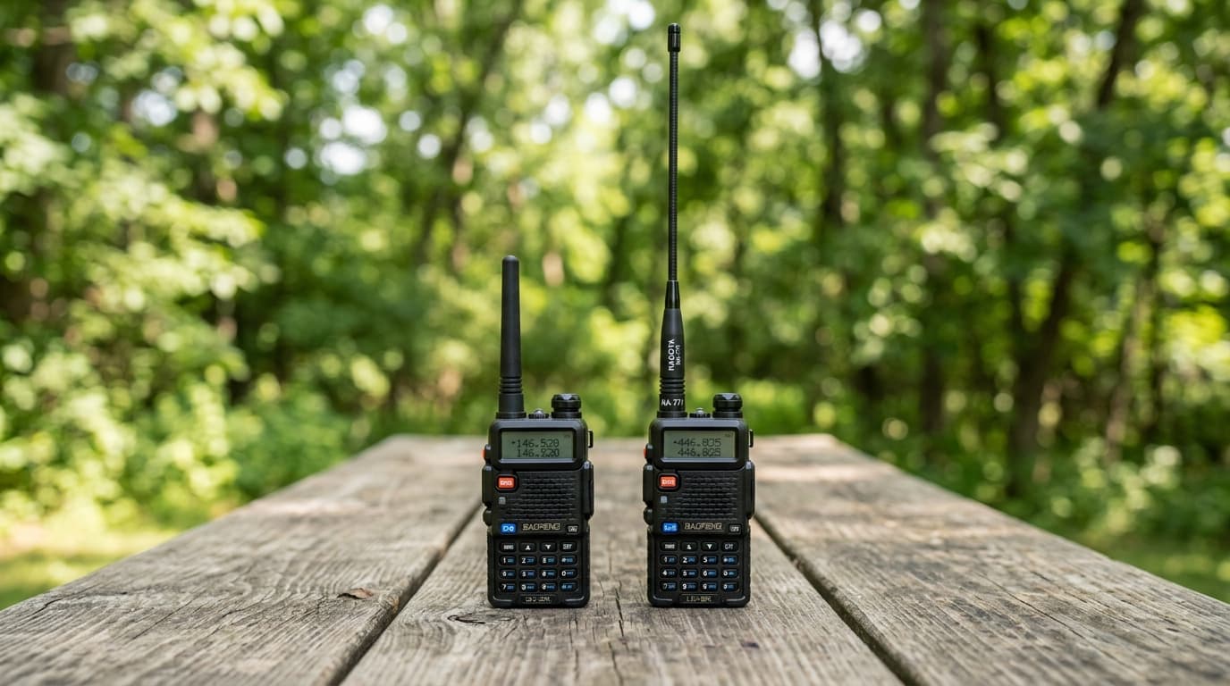Two handheld radios side by side, one with stock antenna and one with aftermarket whip