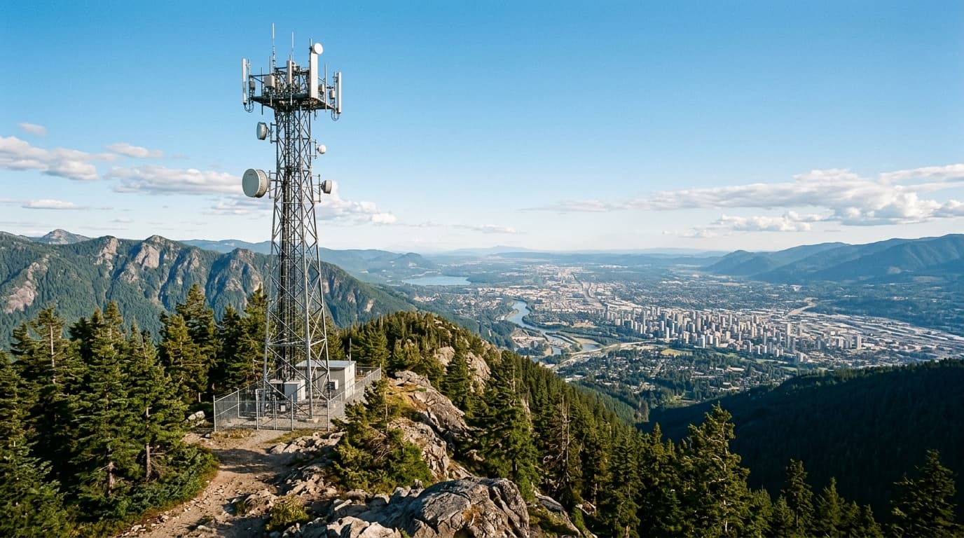 Radio repeater tower on a mountain ridge with antenna arrays and a valley below