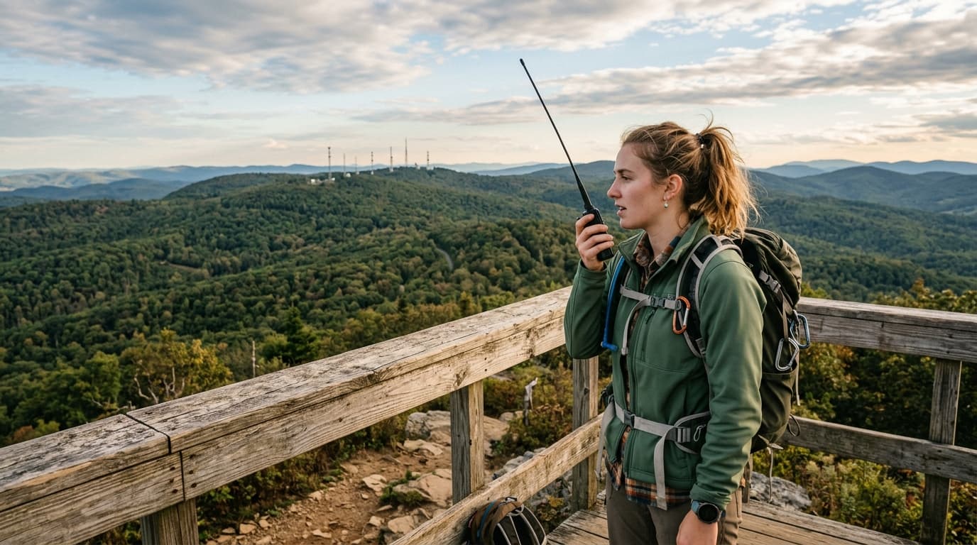 Person on an elevated trail overlook speaking into a handheld radio with aftermarket antenna