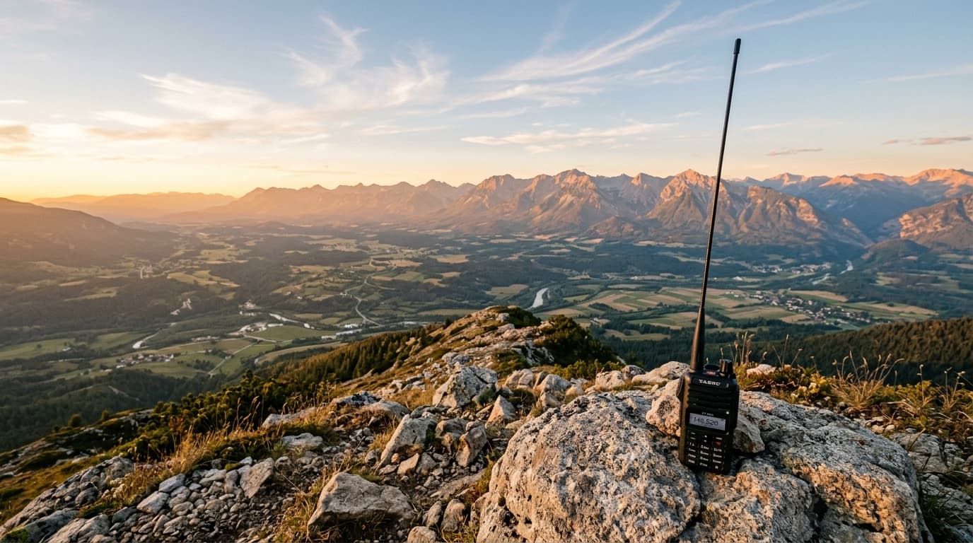Handheld ham radio with an aftermarket antenna on a hilltop overlooking a wide valley
