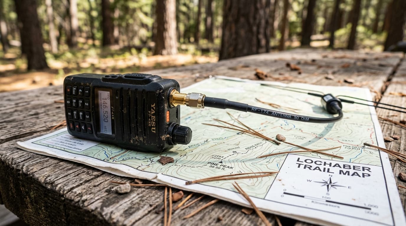 Handheld radio connected to a portable wire antenna via SMA adapter on a trail map