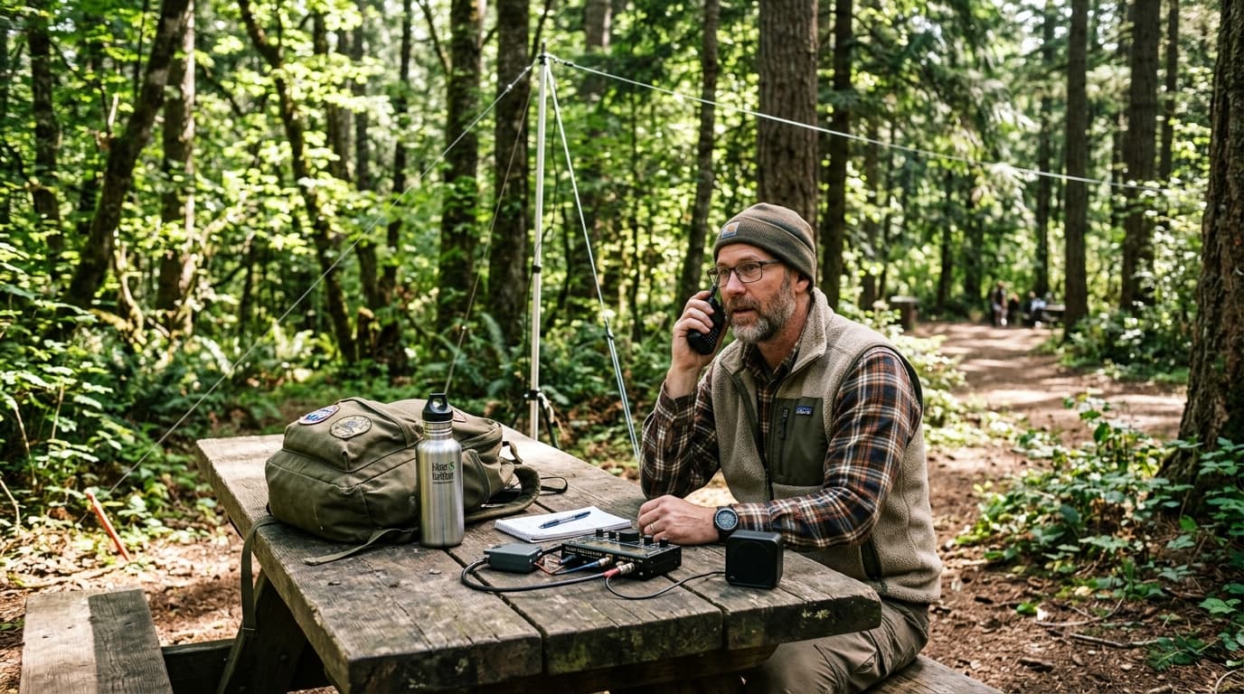 Ham radio operator at a park picnic table with portable mast and wire antenna