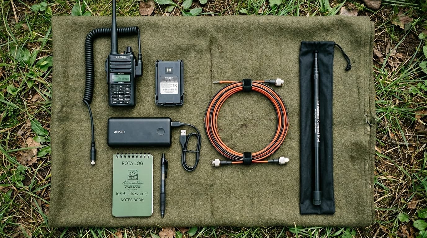 Complete POTA activation kit laid out on a camping blanket including radio, antenna, battery, and accessories
