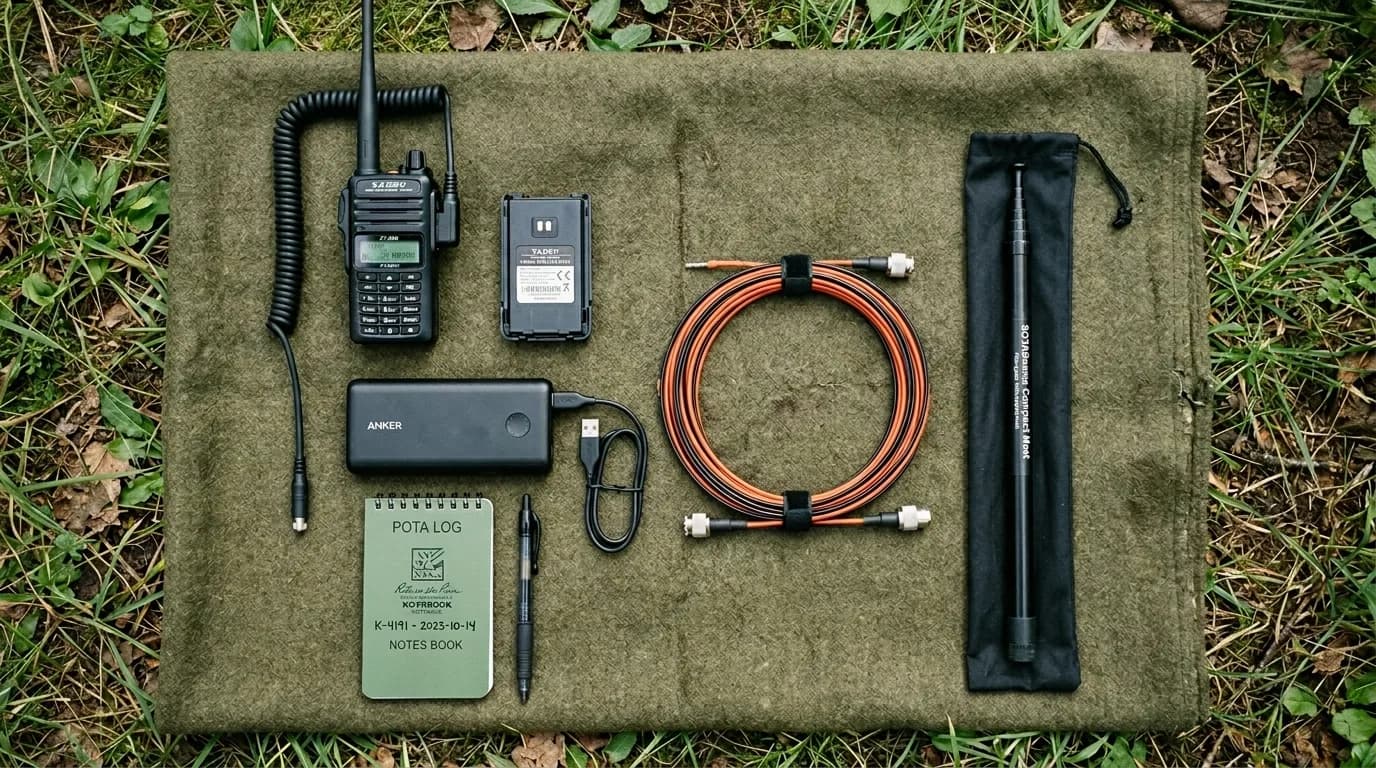 Complete POTA activation kit laid out on a camping blanket including radio, antenna, battery, and accessories