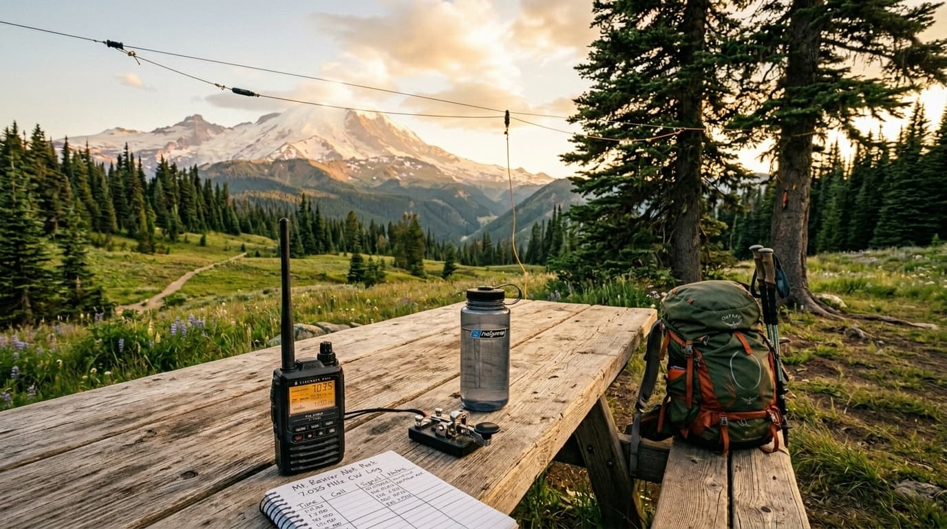 Handheld ham radio and portable antenna set up on a picnic table at a state park